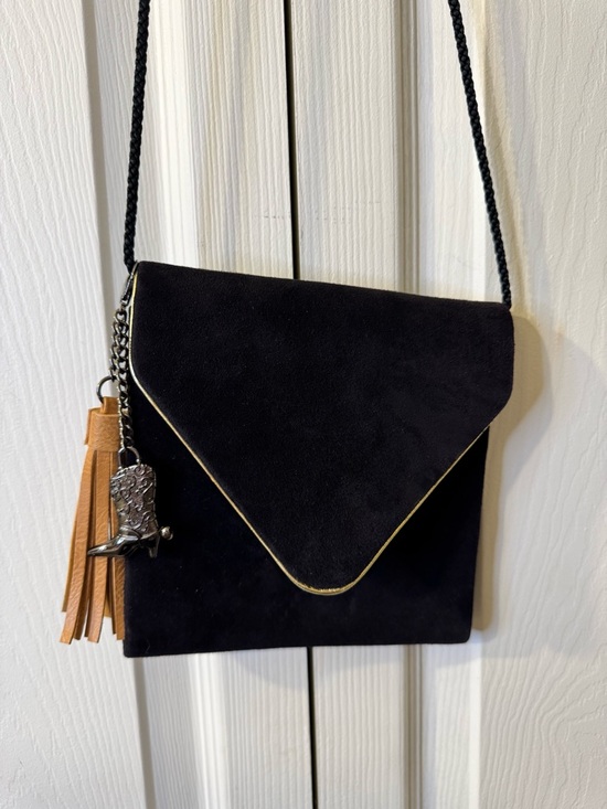 Menes Ariers Paris Handbags - Vintage Black Suede Envelope Crossbody with Tan Tassel Charm and Boot Bag Charm